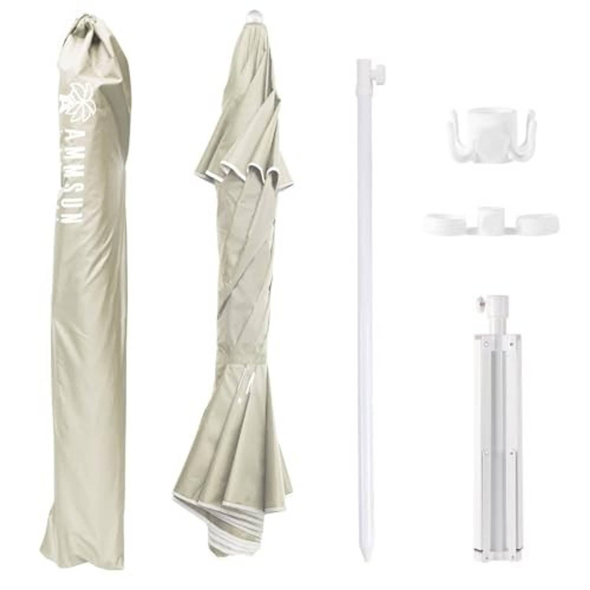 Beige umbrella cover bag with white stand pole and parts kit