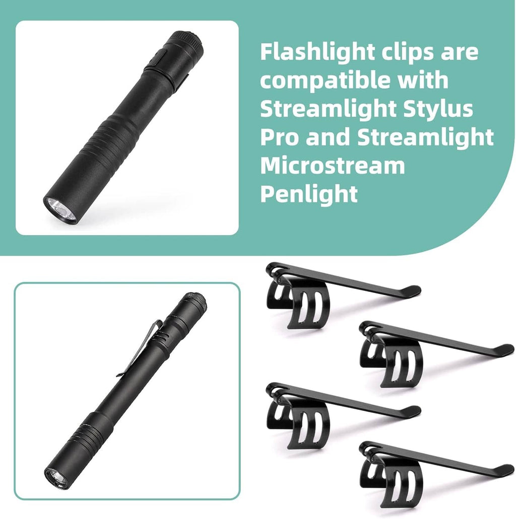 Set of black flashlight clips with U-shaped metal clamp and angled side tab