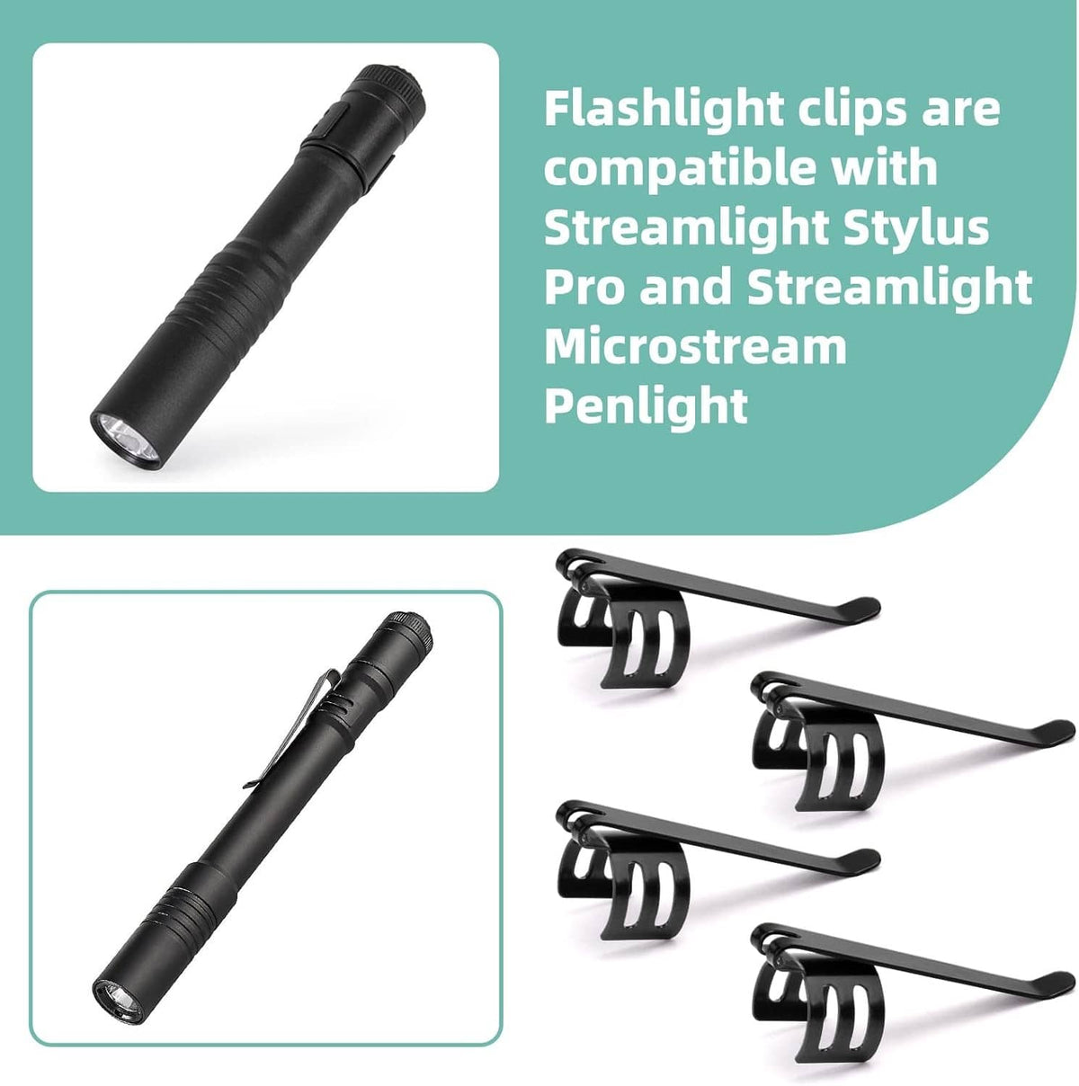 Set of black flashlight clips with U-shaped metal clamp and angled side tab