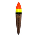 Orange, yellow and black fishing lure float with Thill logo and brass eyelet