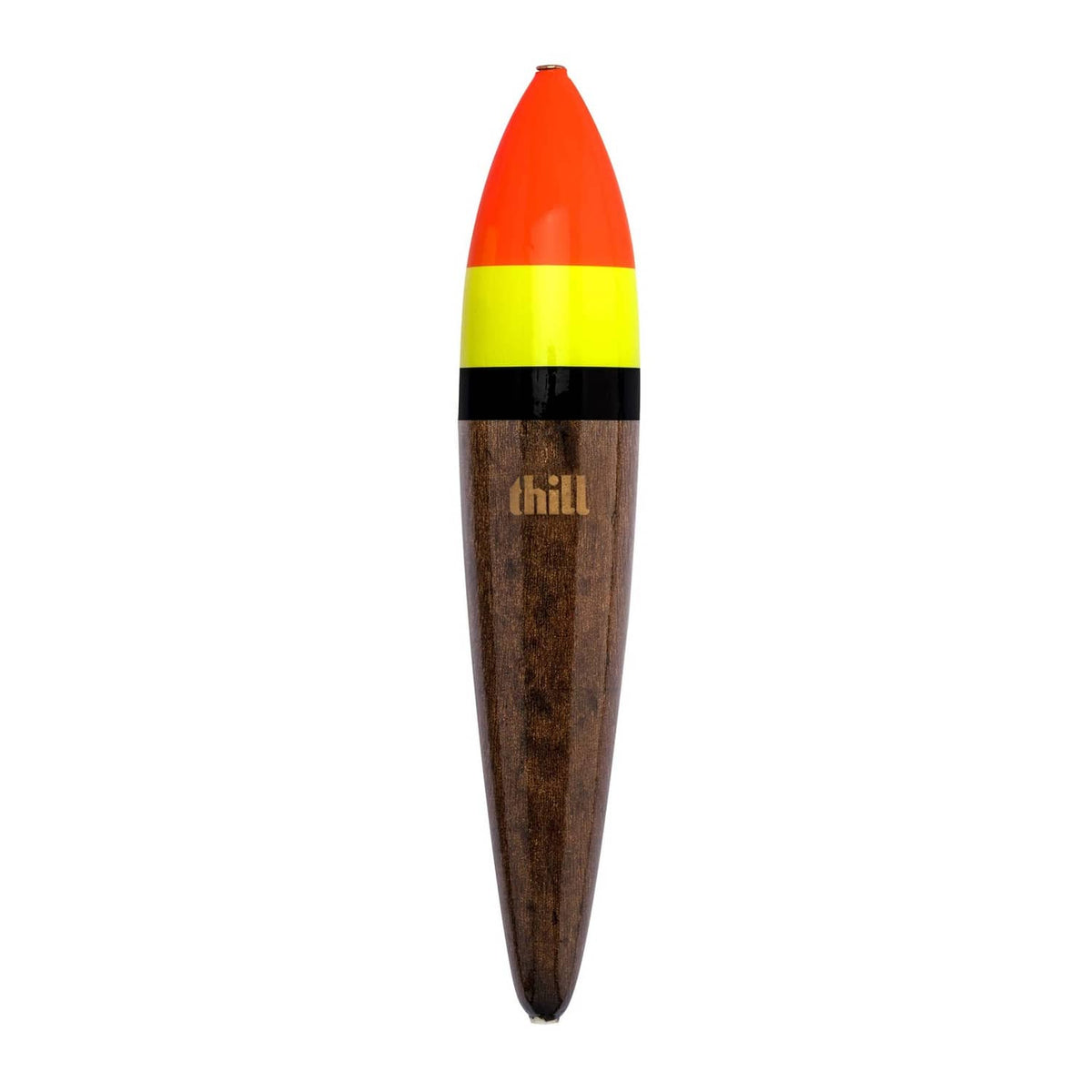 Orange, yellow and black fishing lure float with Thill logo and brass eyelet