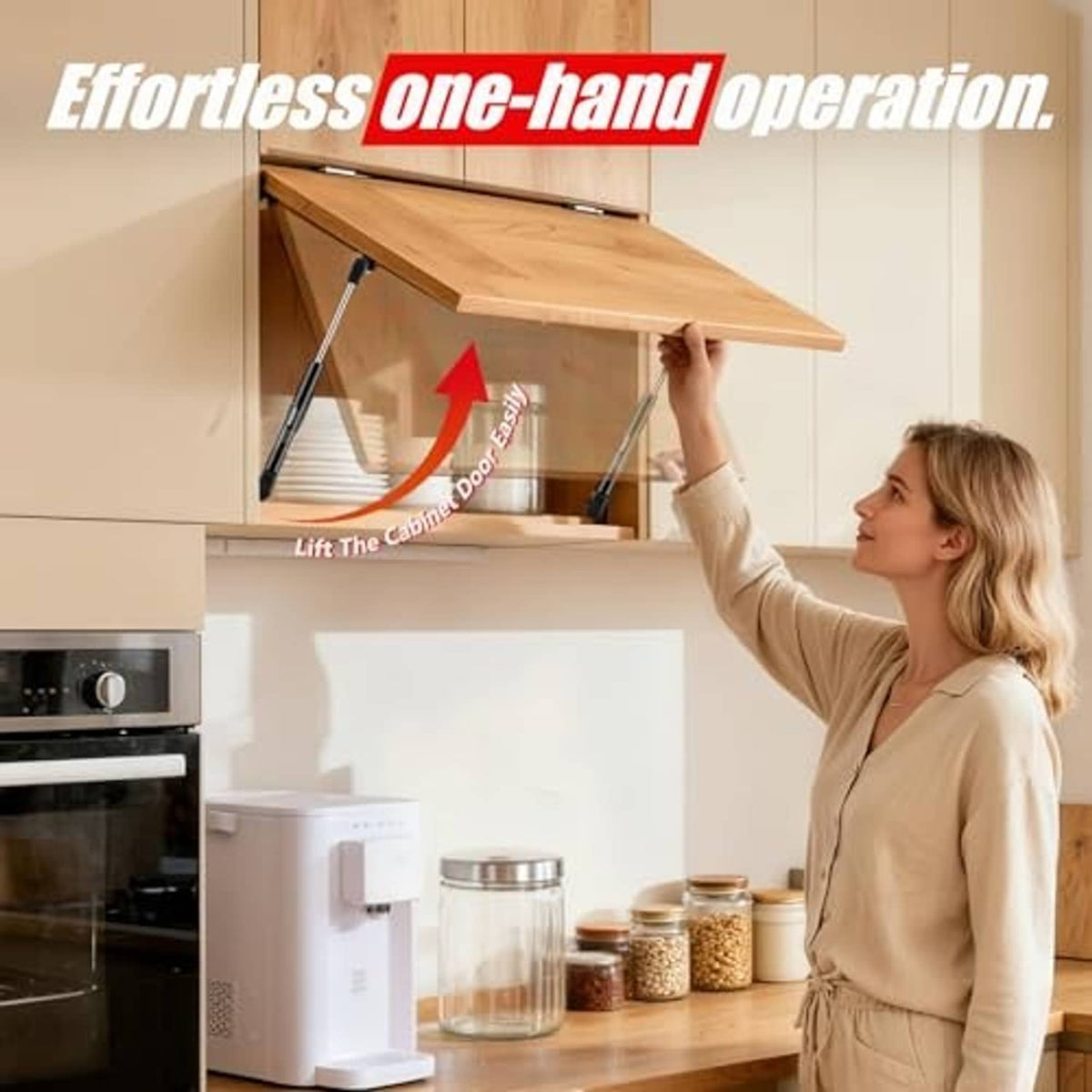 Gas lift struts assist one-hand opening of a kitchen cabinet lid with two black rods.