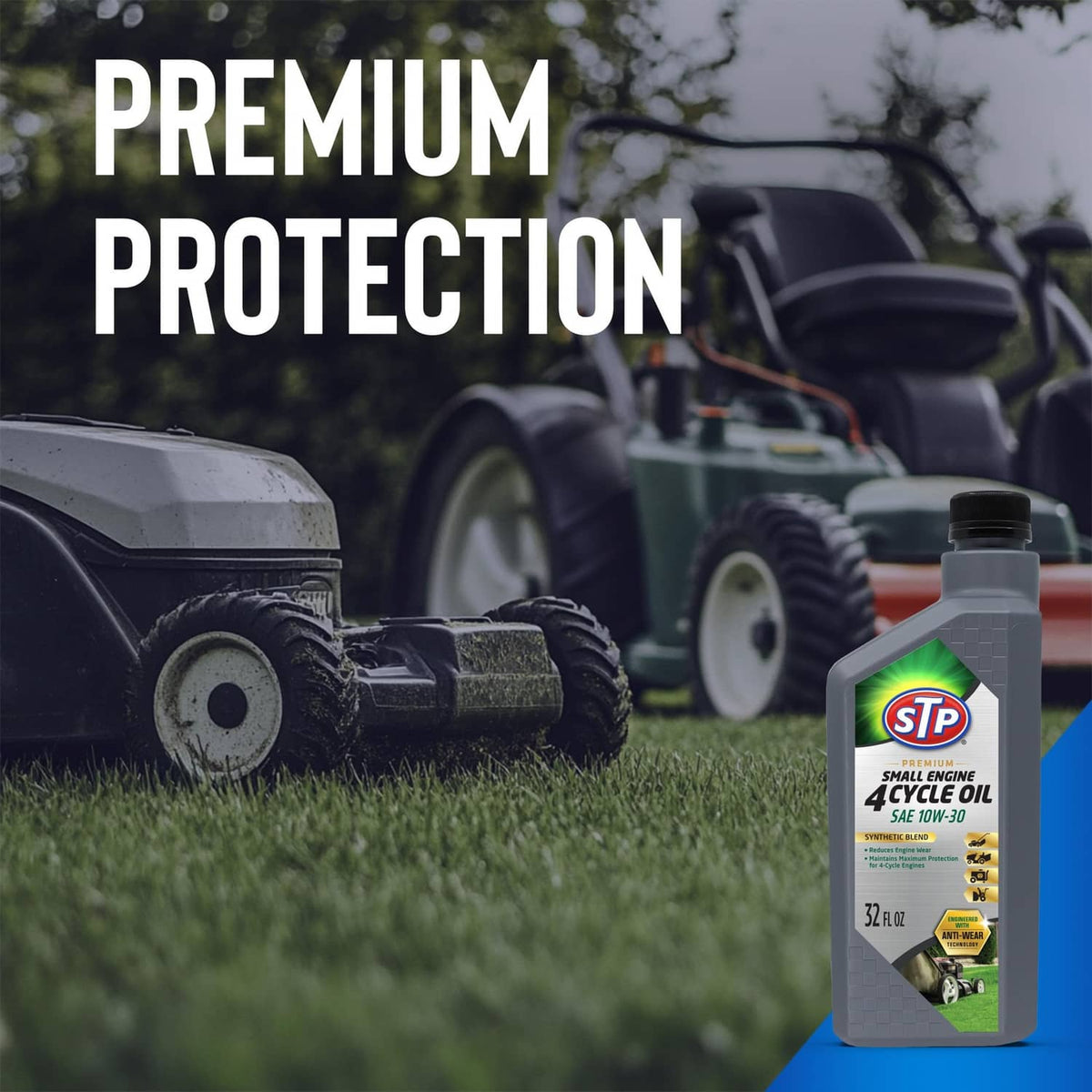 STP small engine 4-cycle oil bottle with black cap, SAE 10W-30, 32 fl oz near mower