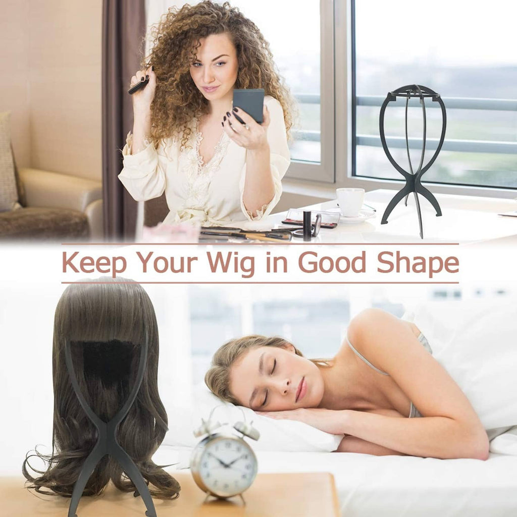 Black wig head stand with oval circular frame and three support legs on desk