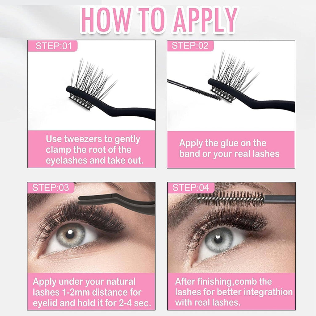 Reusable eyelash cluster application steps: glue and tweezers with false lash clusters