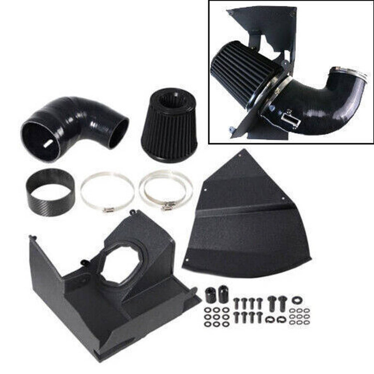 Black cold air intake kit set with intake elbow tube, cone filter, clamps, and bracket