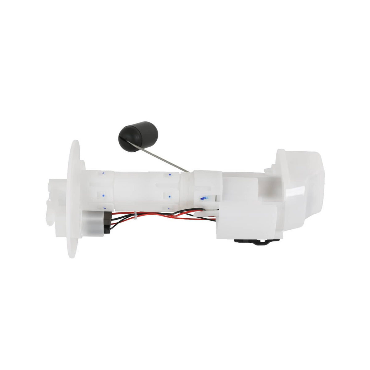 Fuel pump assembly with black sensor cover and exposed wiring in white housing