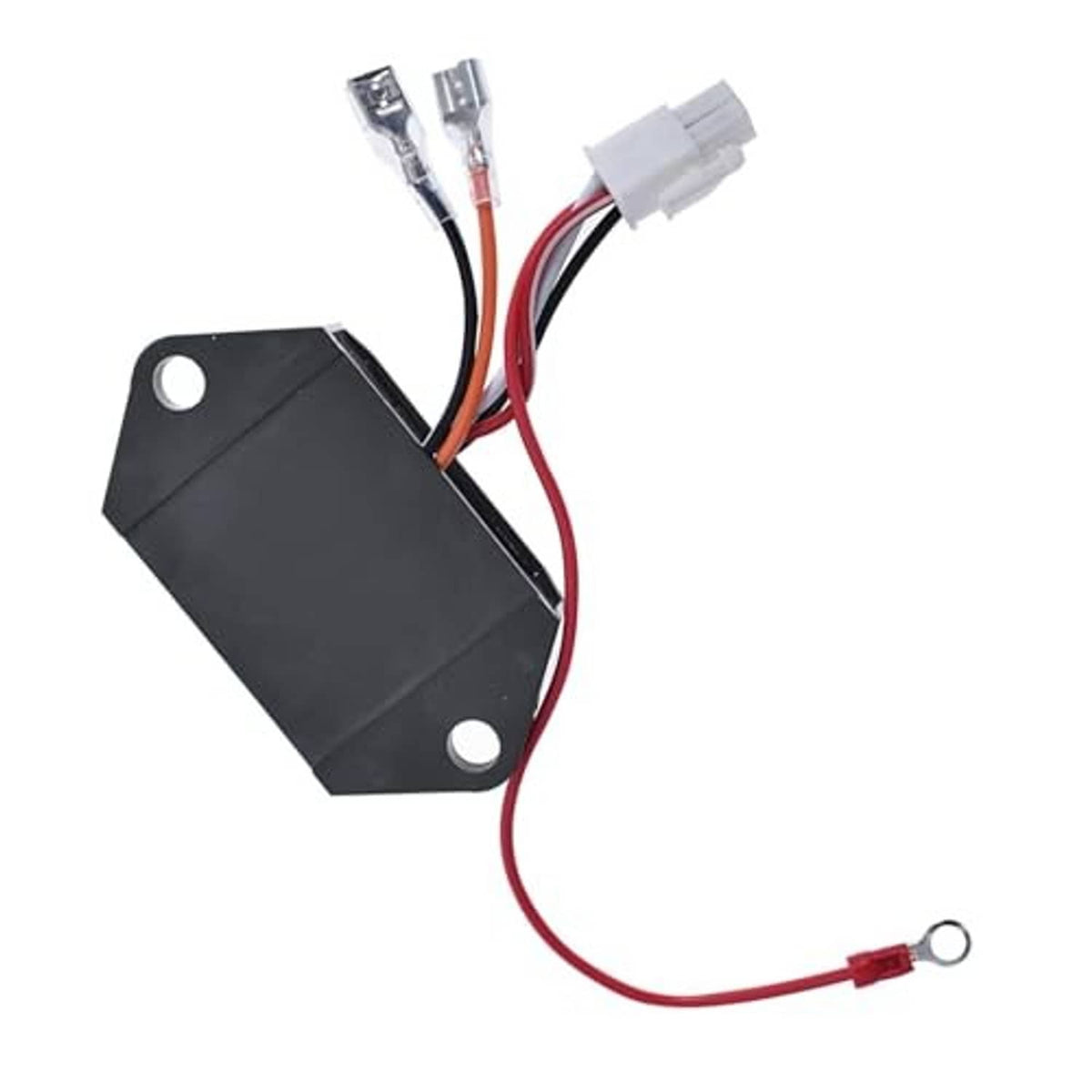 Black CDI ignitor module with red and black wires, metal terminal ends, white connector