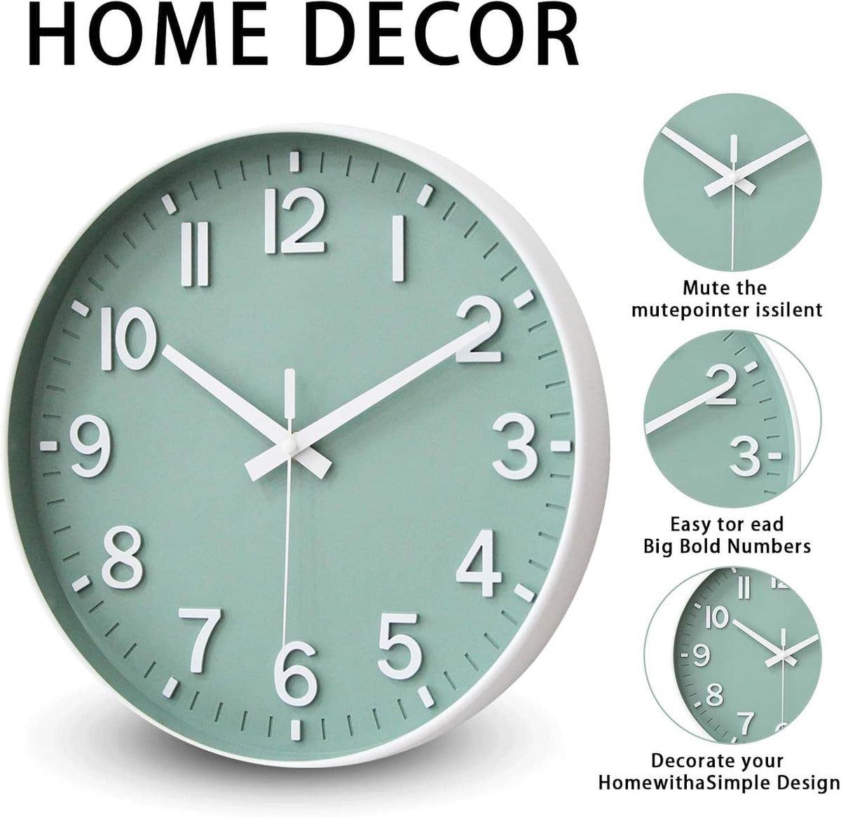 Green round wall clock with white hour numerals and minute marks, centered star-shaped hands.