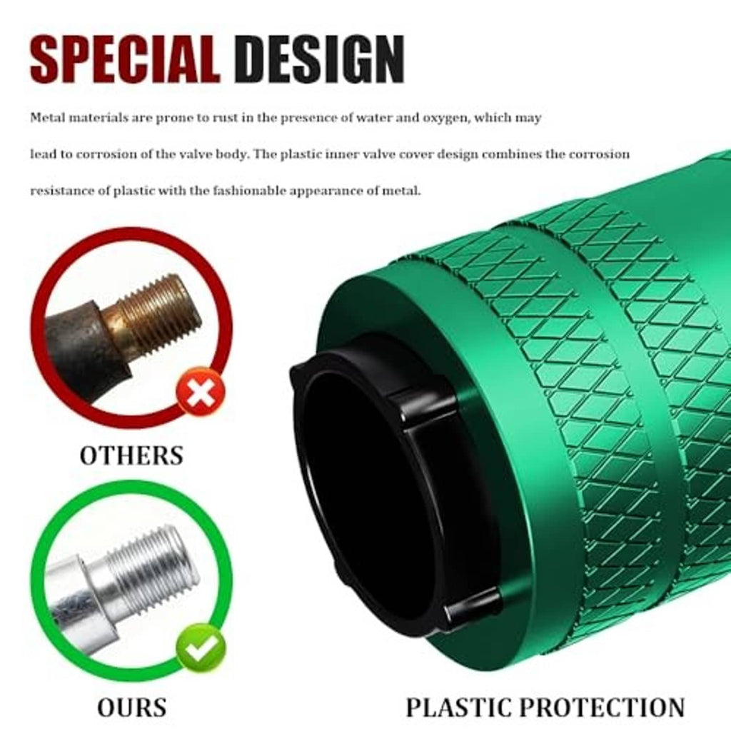 Green aluminum tire valve stem cap with textured grip and black inner cover, angled view.
