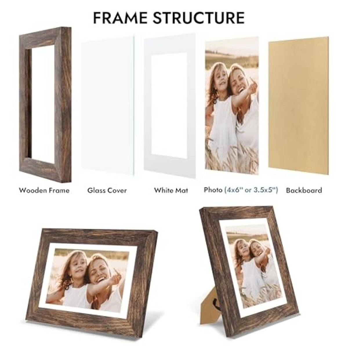 Wooden 4x6 picture frame parts: glass cover, white mat, and backboard