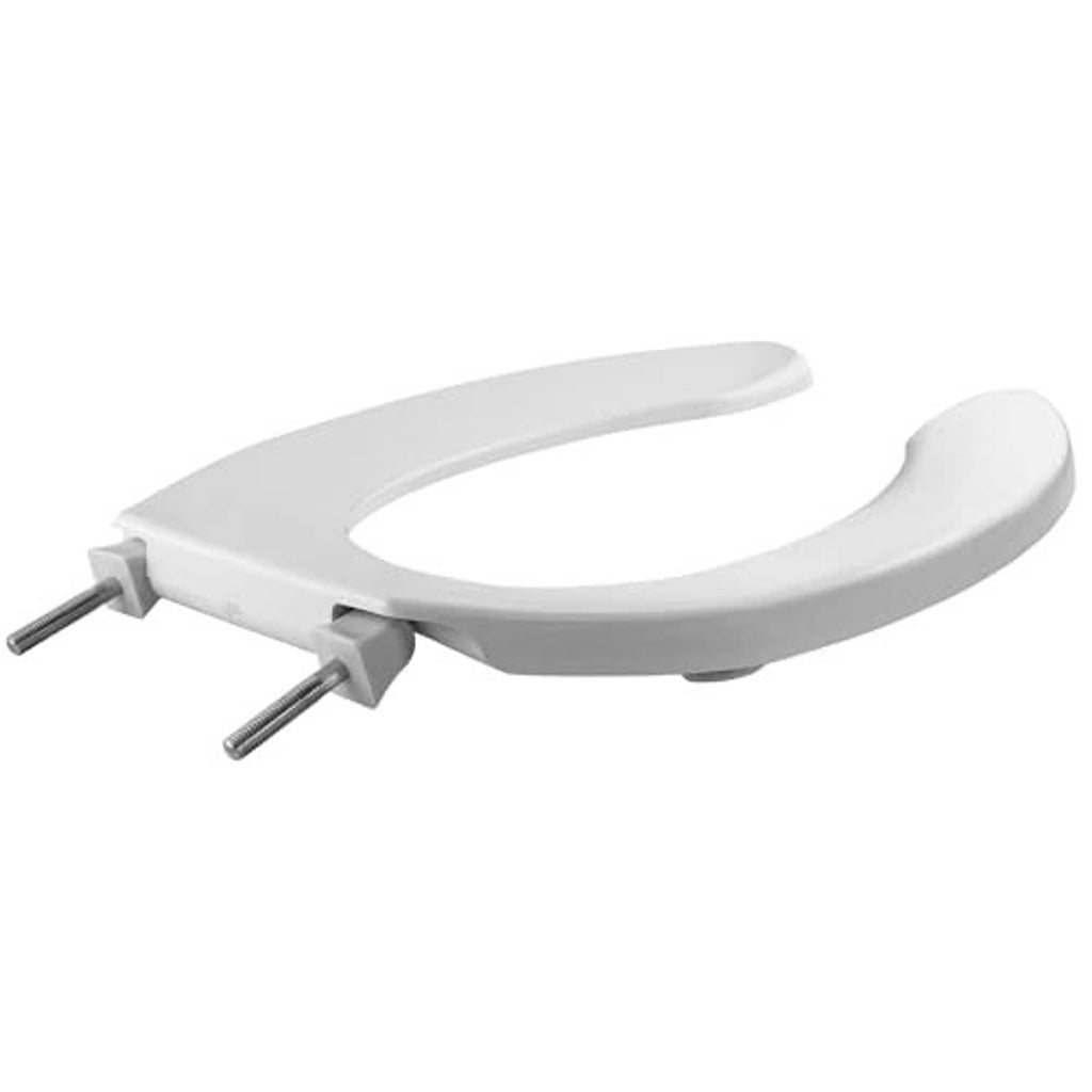 Elongated open-front plastic toilet seat with metal mounting bolts, white