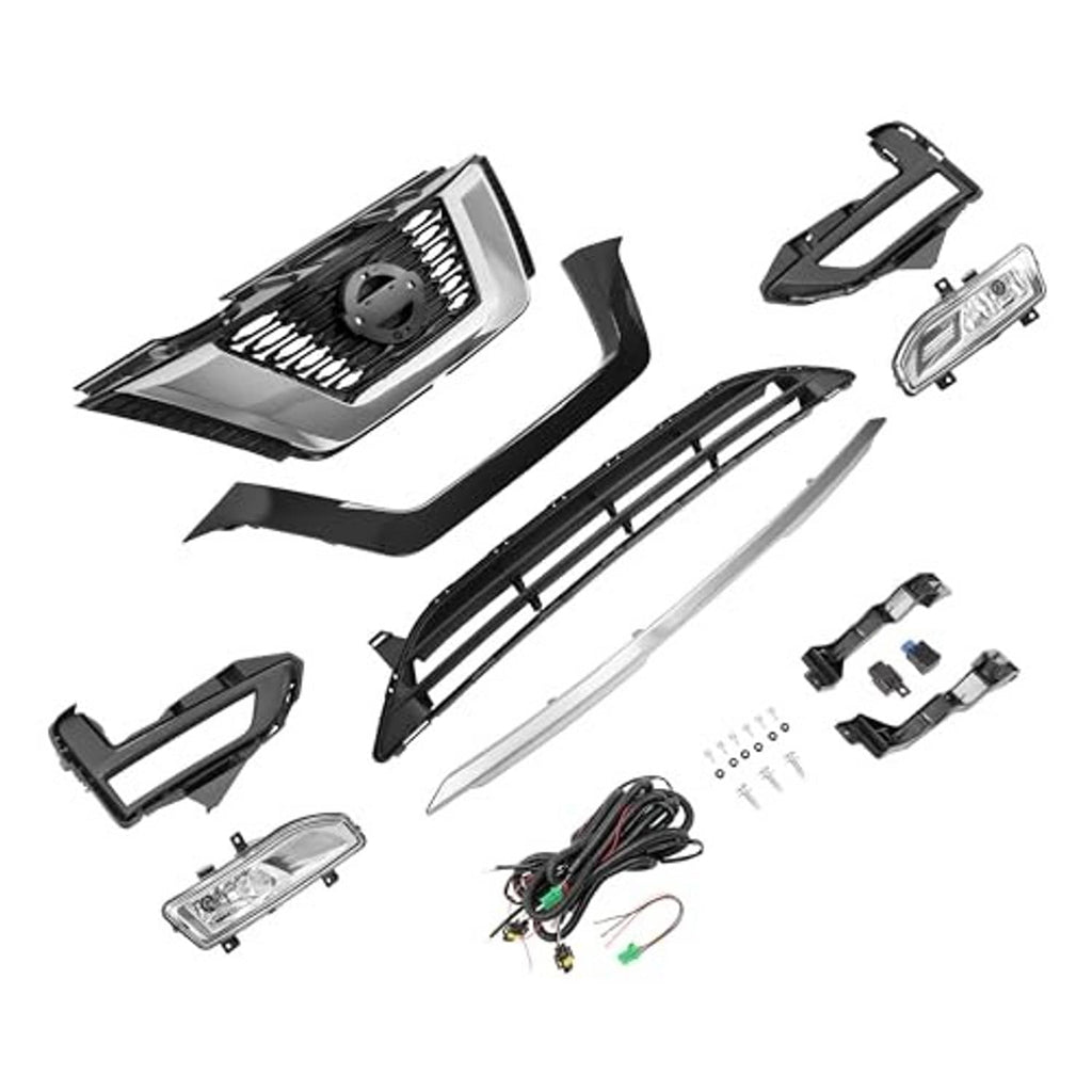 Complete front grille and fog light kit with grille inserts, lights, brackets, and wiring