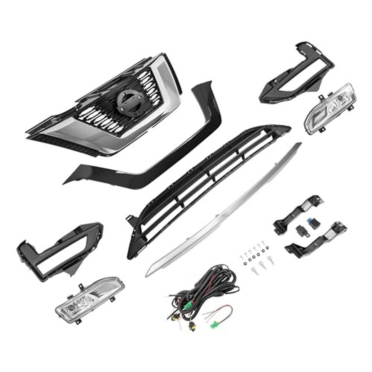 Complete front grille and fog light kit with grille inserts, lights, brackets, and wiring