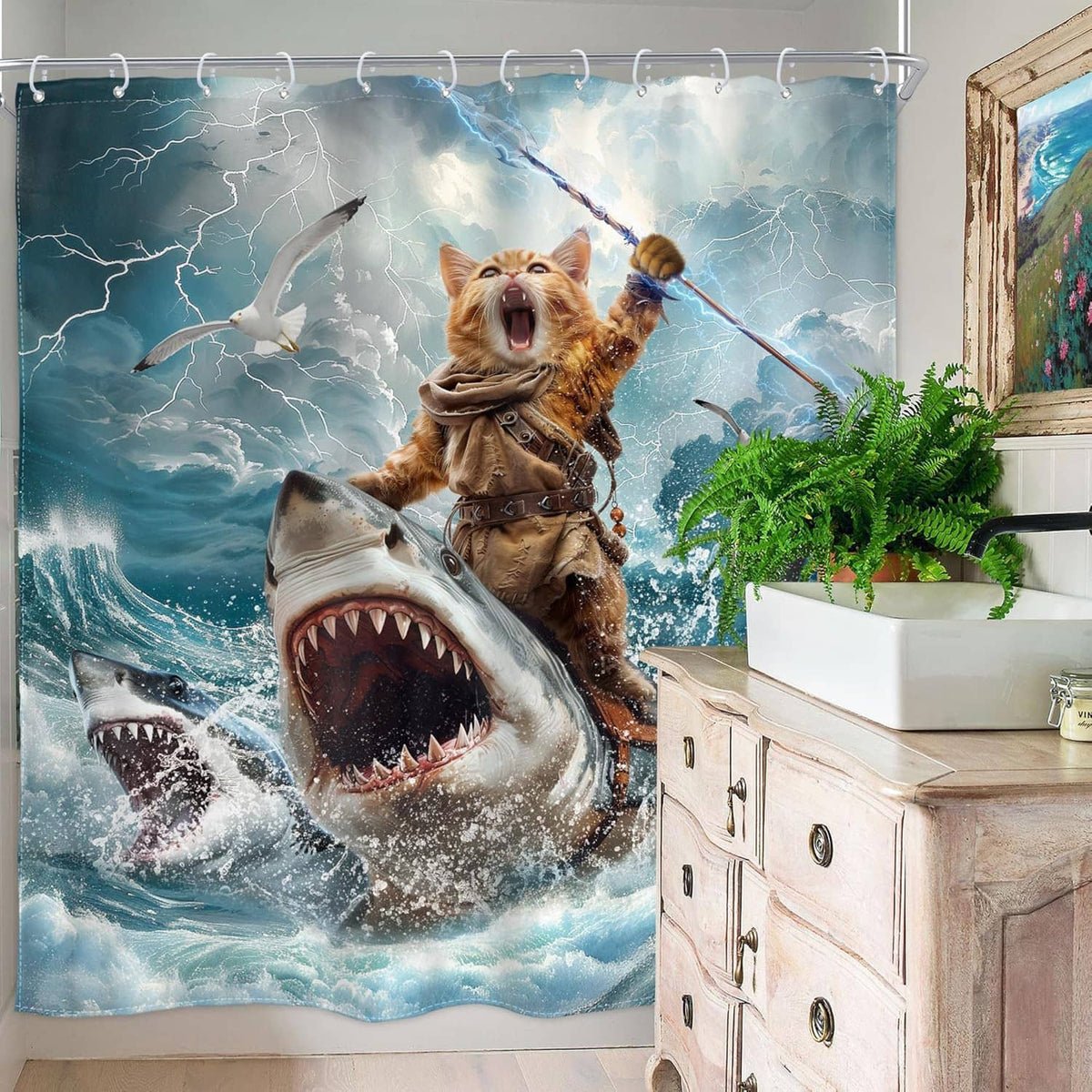 Ocean-themed shower curtain with cat riding shark above big open mouth, waves, grommets
