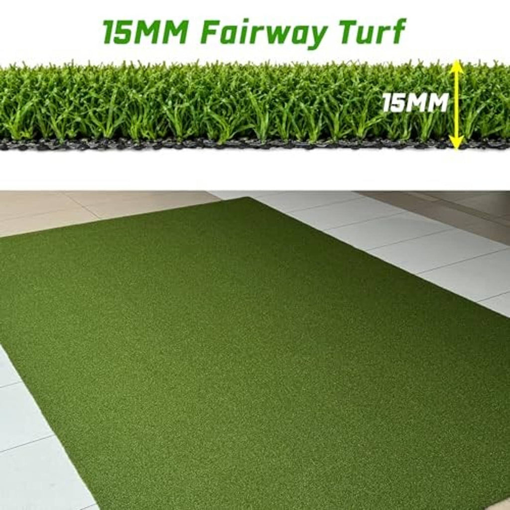 Green 15mm fairway-style artificial turf mat with close-up pile texture