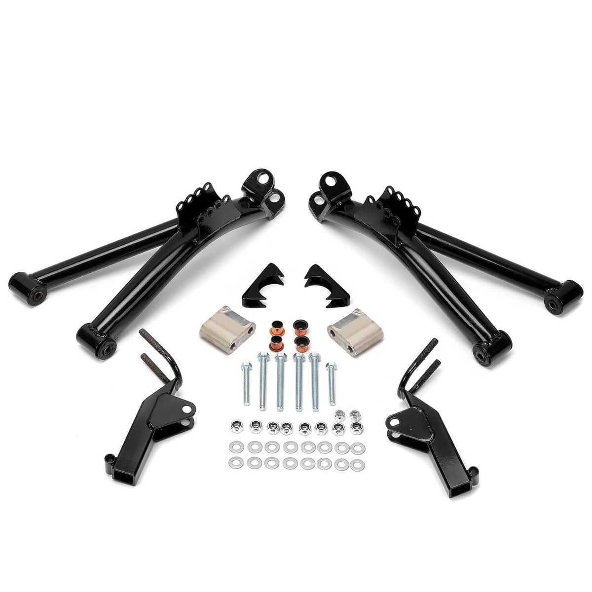 A-arm lift kit hardware kit with black arms, brackets, spacers, and bolts on white