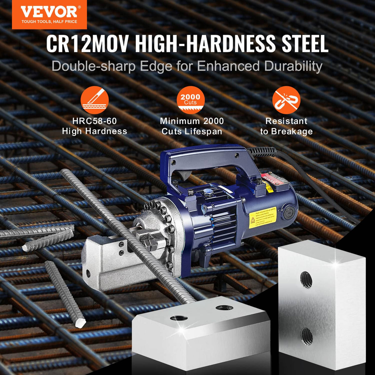Blue electric rebar cutter with steel jaw blade blocks on a bundle of rebar