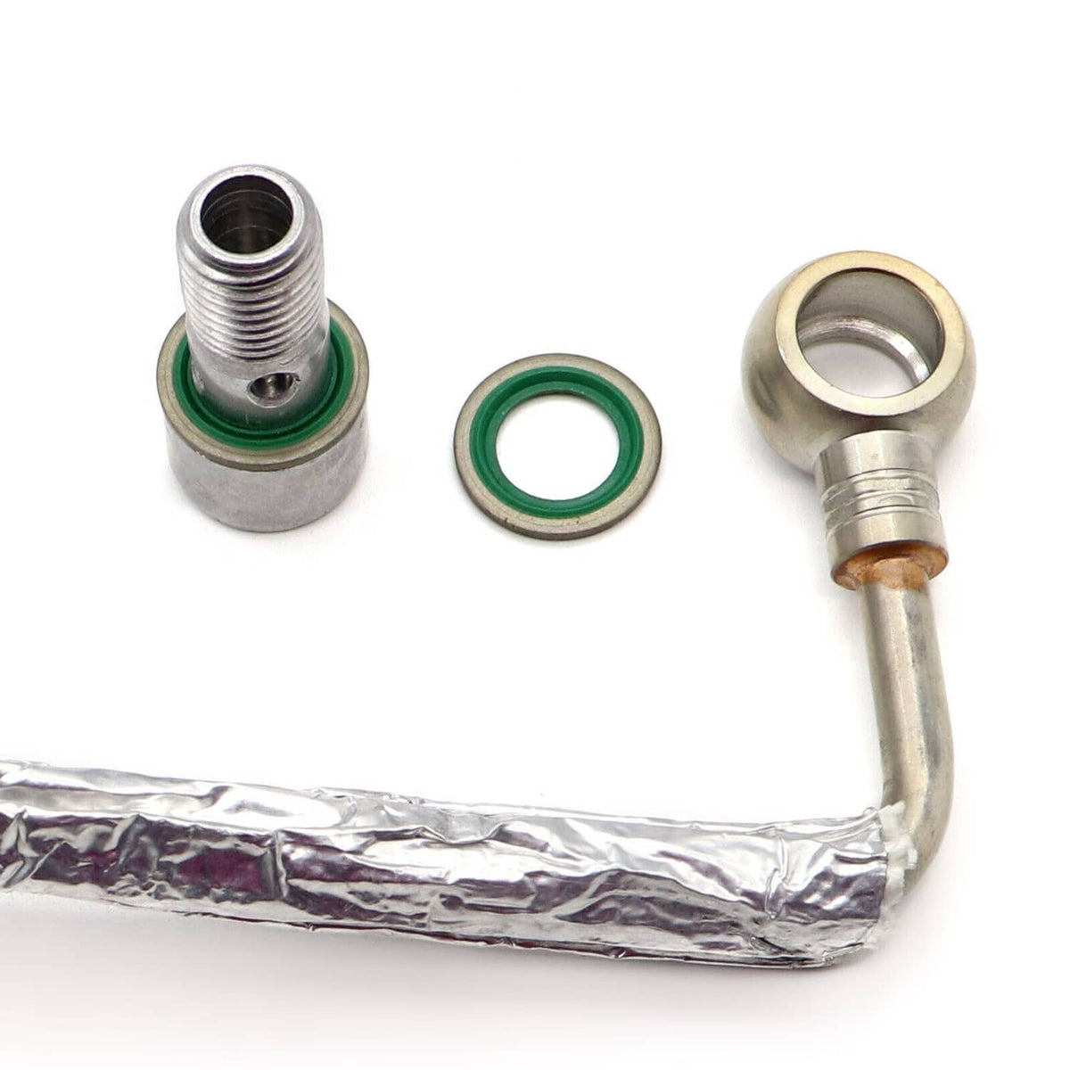 Turbo oil feed pipe tube with green O-ring and brass seal insert