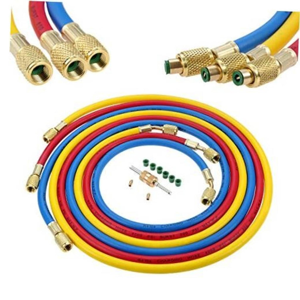 Coiled AC charging hoses with brass 1/4" SAE fittings and included adapters, red blue yellow