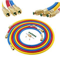 Coiled AC charging hoses with brass 1/4" SAE fittings and included adapters, red blue yellow