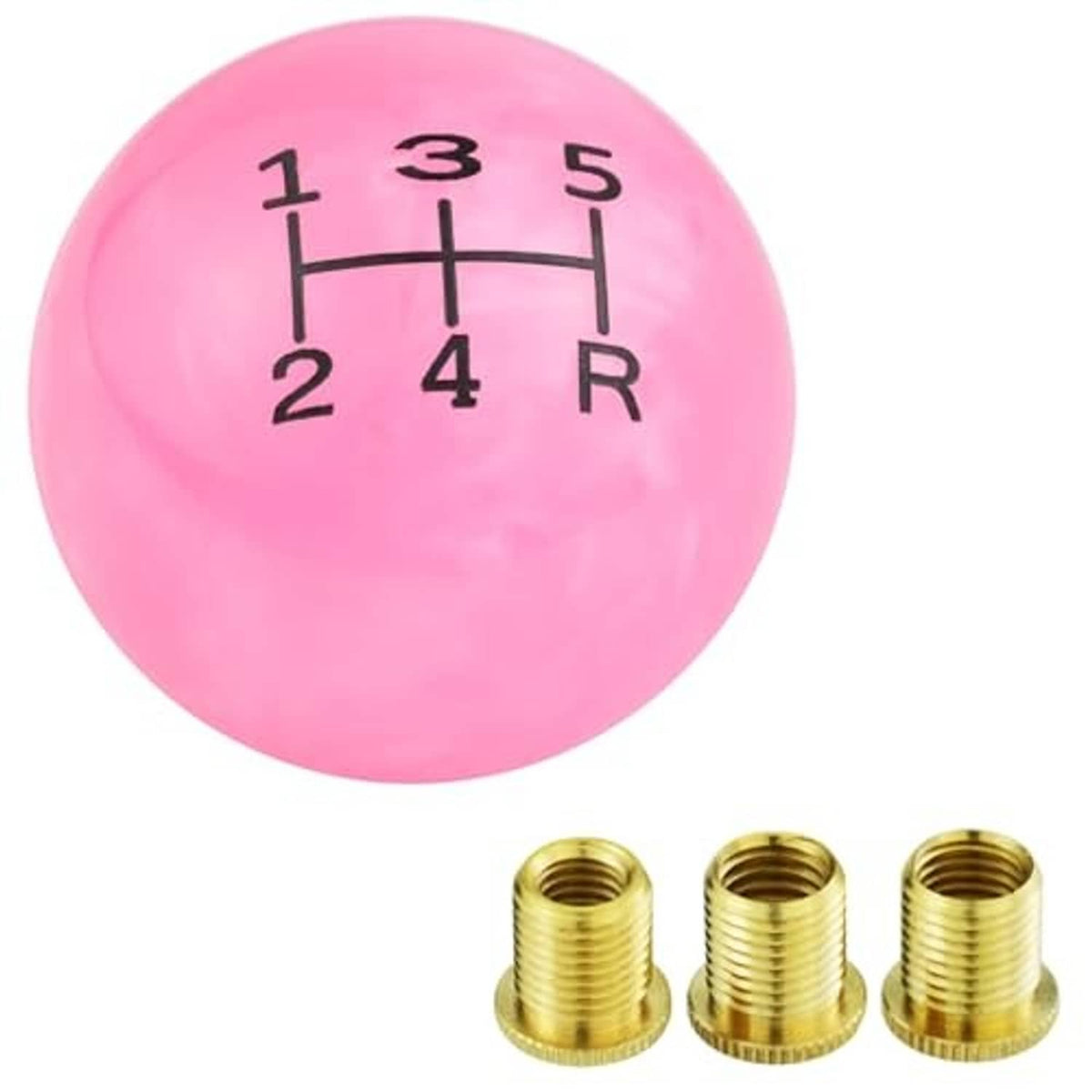 Pink 5-speed ball shift knob with gear pattern and three brass threaded adapters