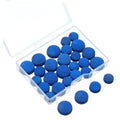 32-piece billiard cue tip replacement kit with blue tips in clear plastic case