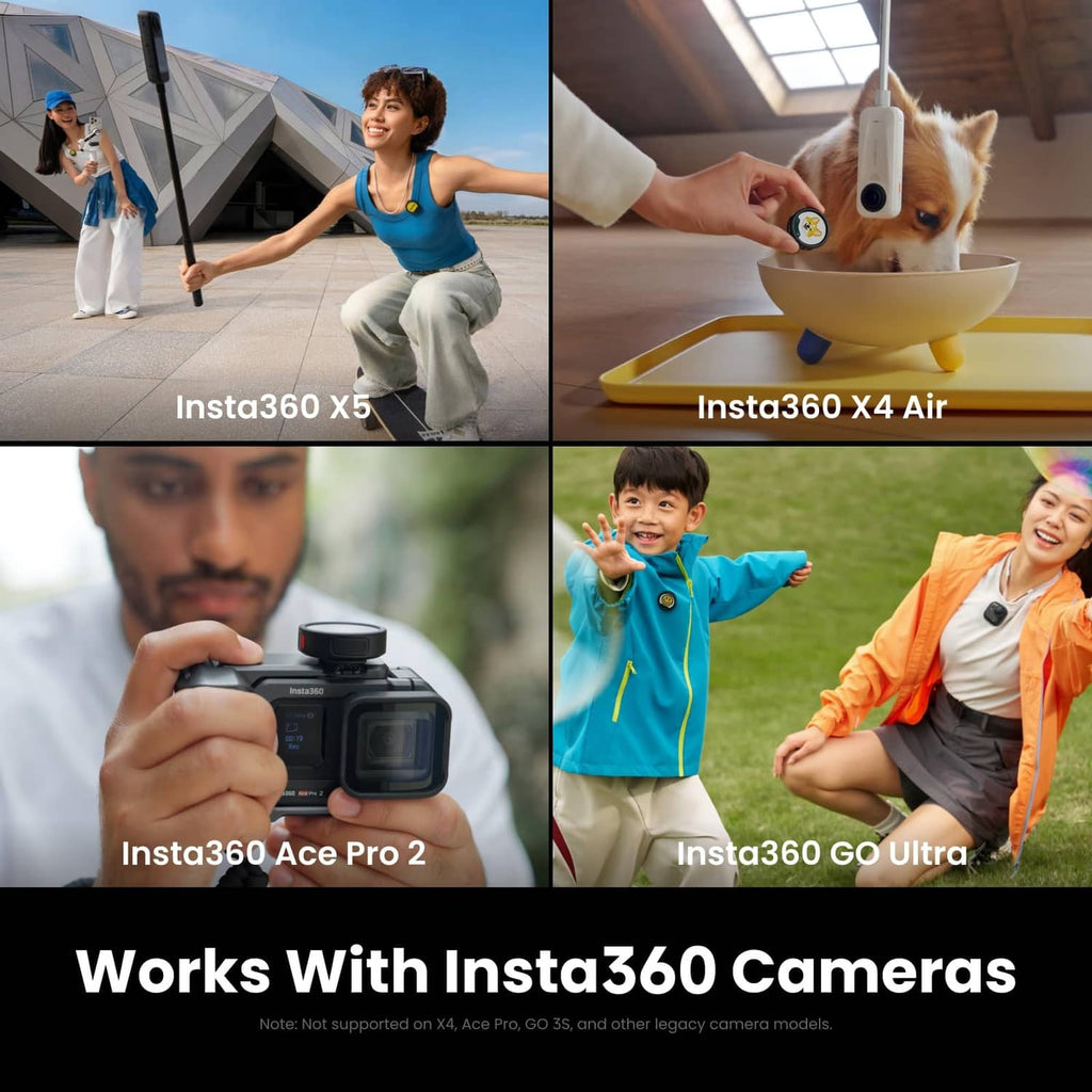 Circular wireless transmitter shown in a promotional collage for compatible Insta360 cameras