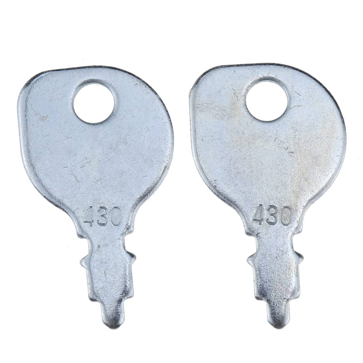 Silver metal ignition key stamped 430, circular hole, pointed blade (pair)