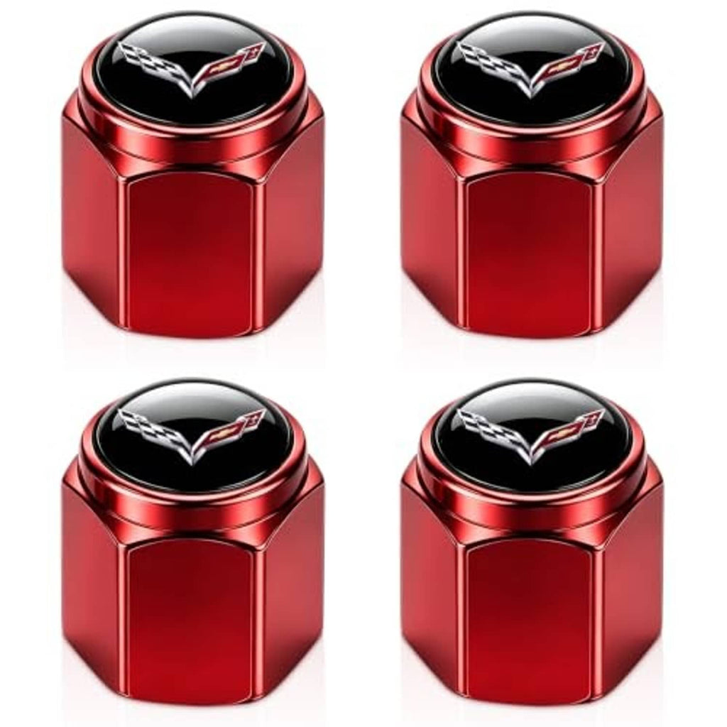 Set of red metal tire valve stem caps with Corvette emblem, black center top