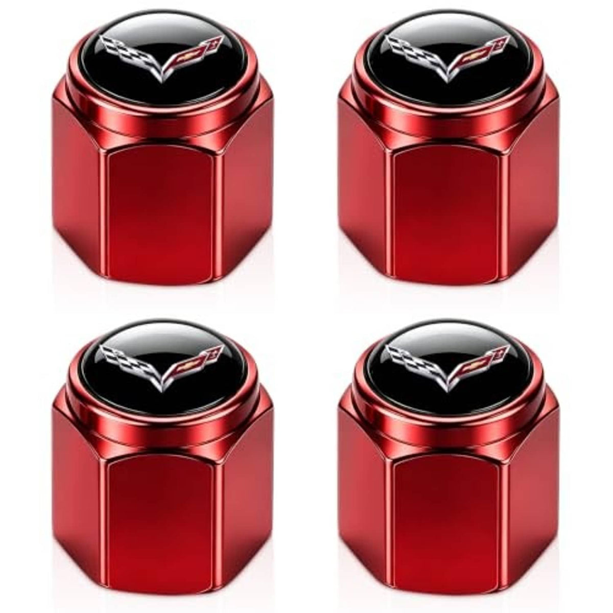 Set of red metal tire valve stem caps with Corvette emblem, black center top