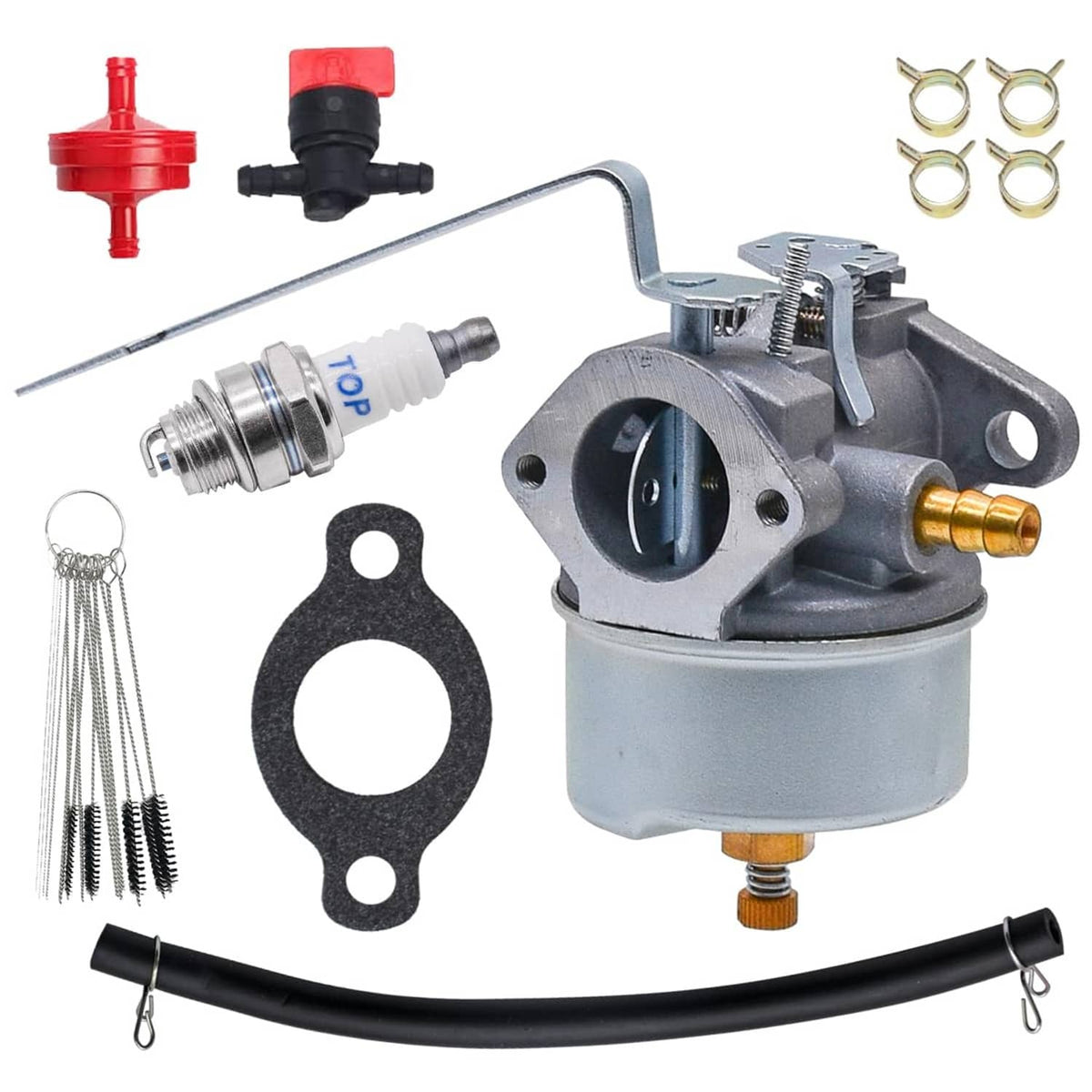 Carburetor kit with gray carb body, small jet, gaskets, screws, fuel line and springs