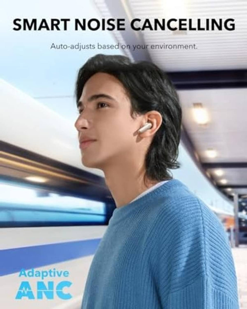 Oat-white wireless earbuds in-ear on a person, visible on the outer ear.