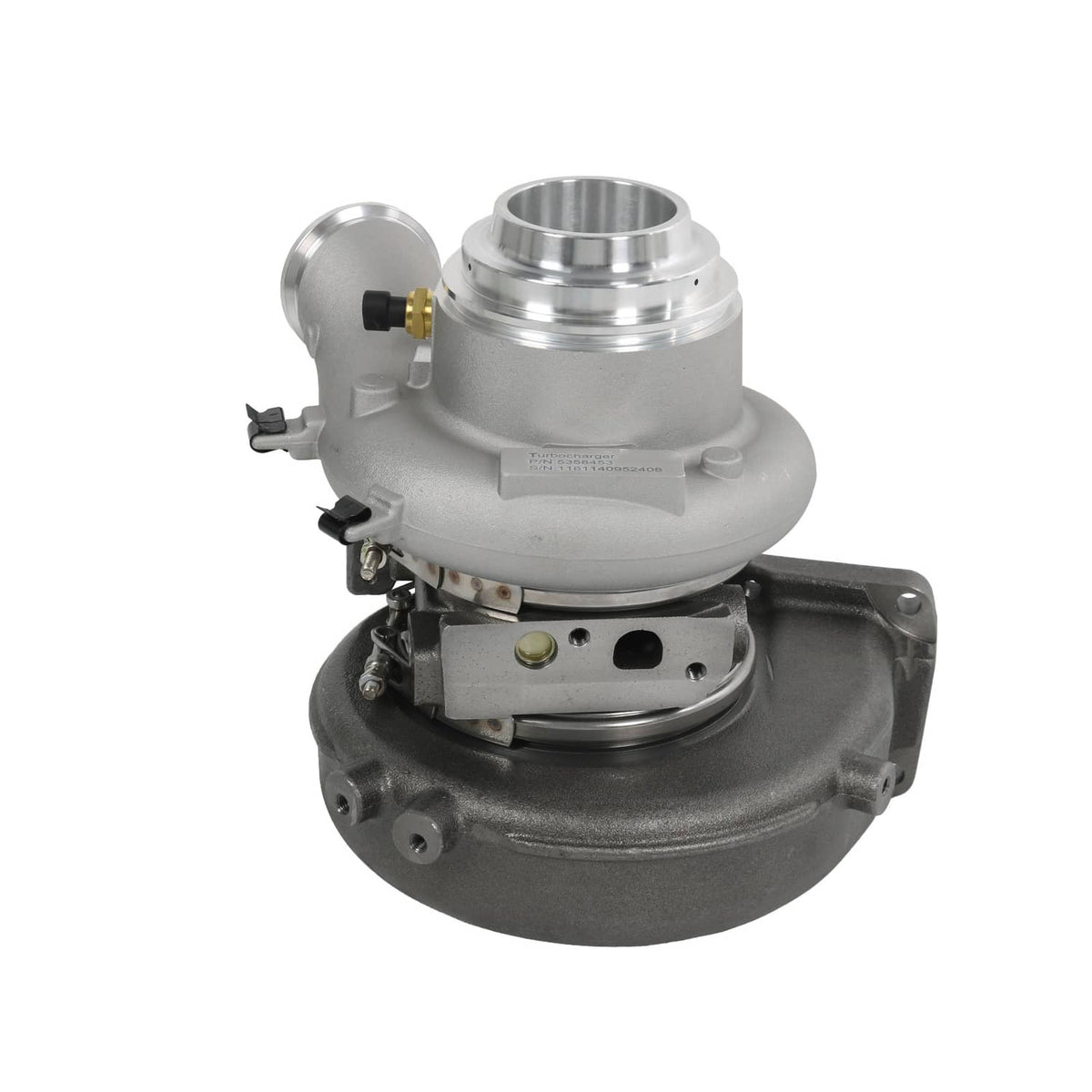 Turbocharger assembly with silver compressor housing and dark turbine housing