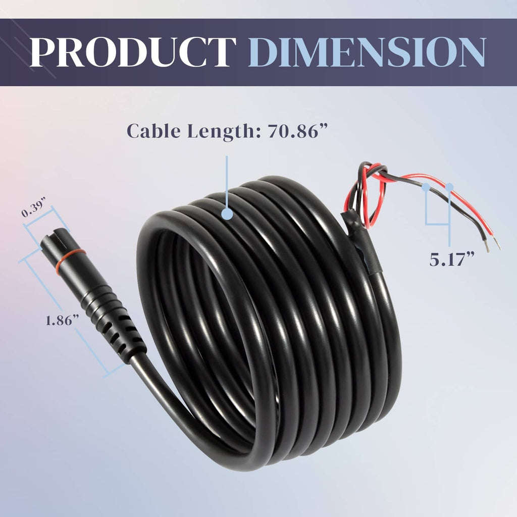 Coiled black power cable with inline connector and red/black wire leads, 70.86 in