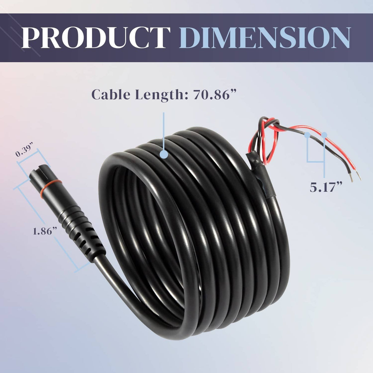 Coiled black power cable with inline connector and red/black wire leads, 70.86 in
