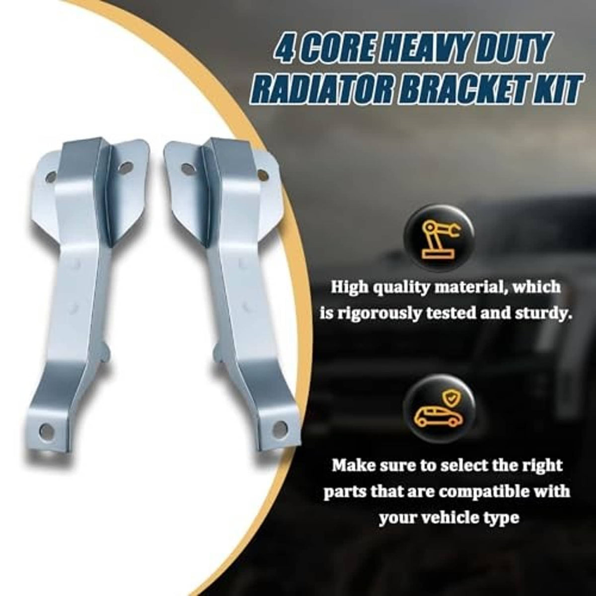 Two light blue heavy-duty radiator brackets with bolt holes and curved mounting arms