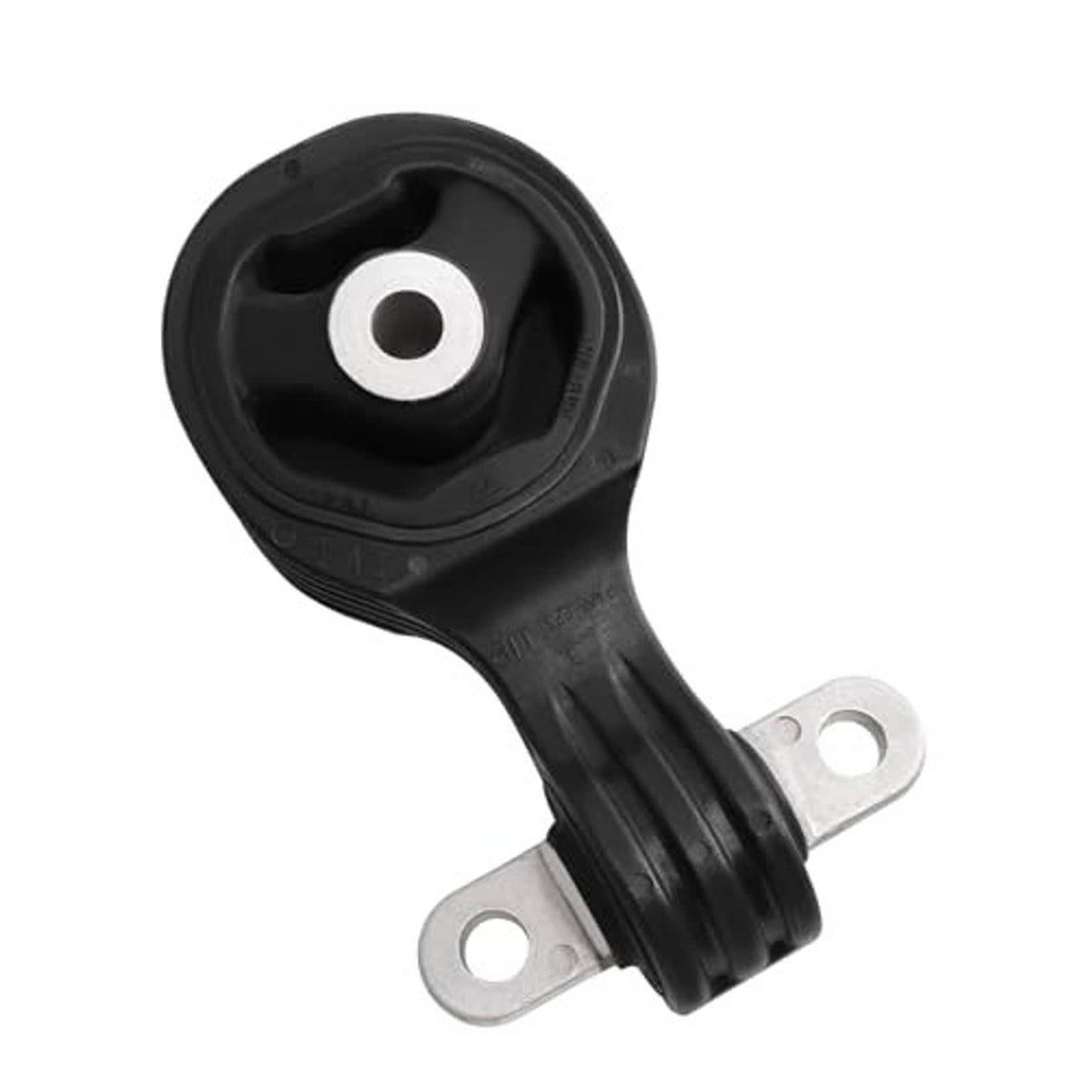 Rear lower torque strut mount angled view, black rubber bushing and mounting pins