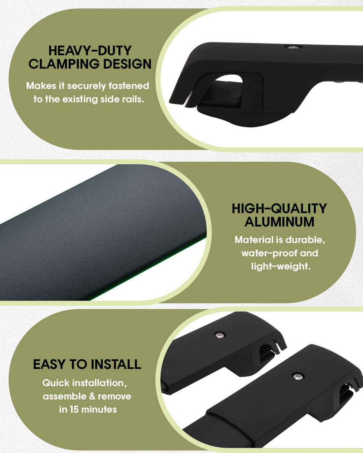Black cross bar end clamps with heavy-duty fastening and high-quality aluminum