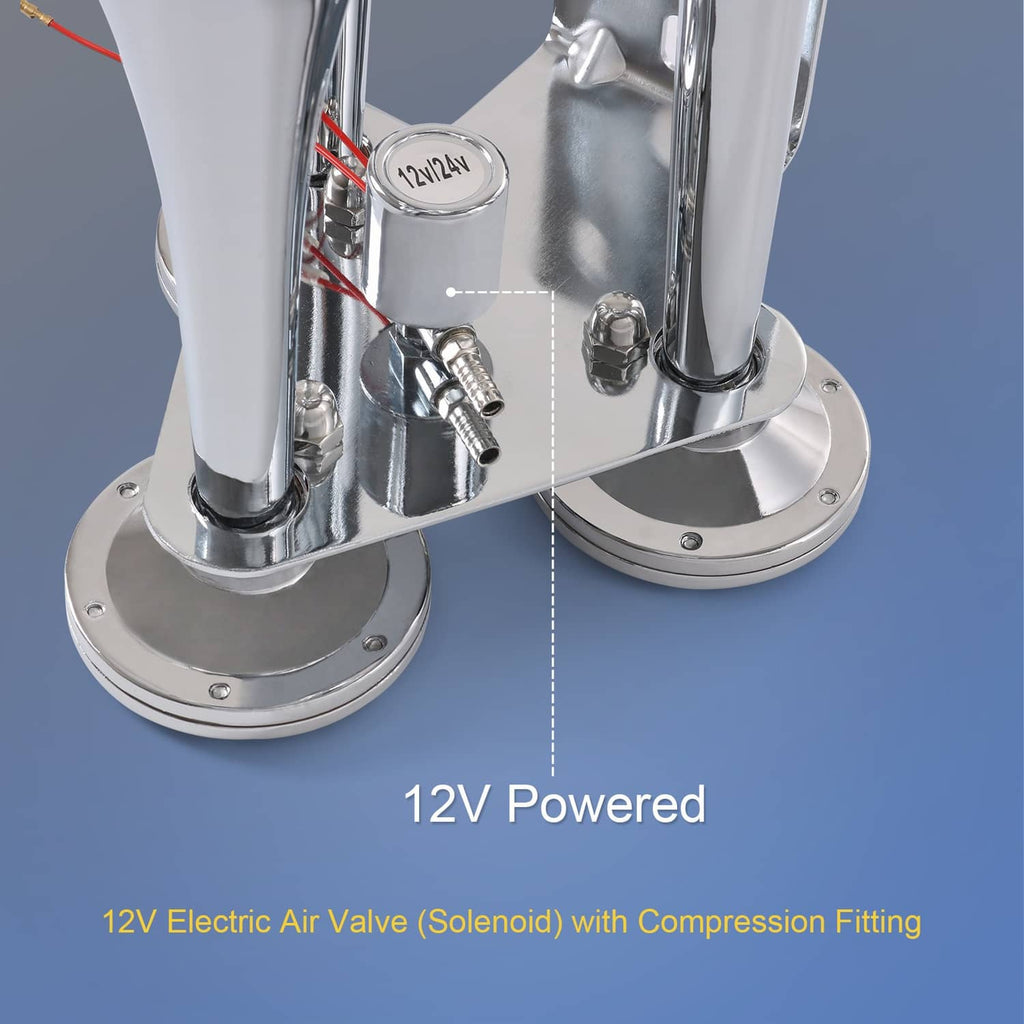 Triple trumpet air horn base with wiring, solenoid valve, and mounting feet