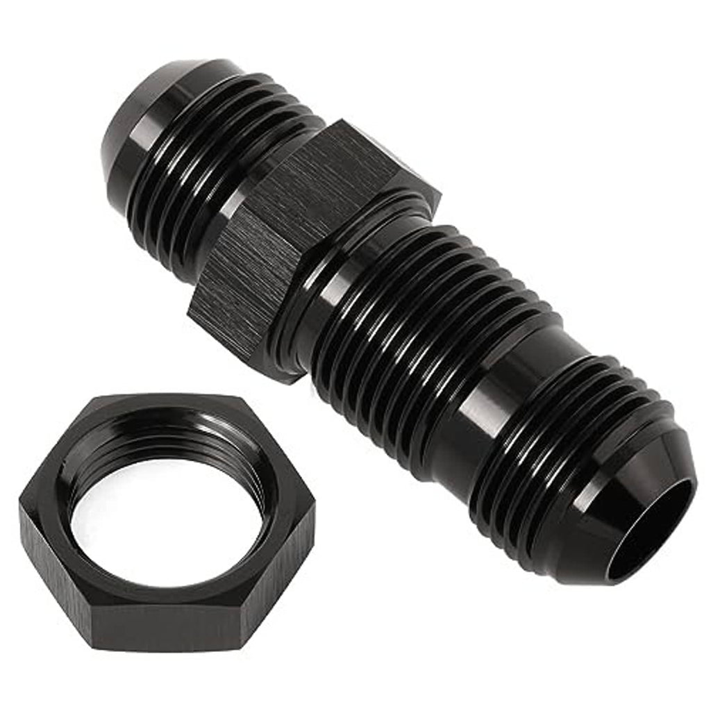 10AN straight fitting adapter with hex nut, black anodized aluminum, angled view
