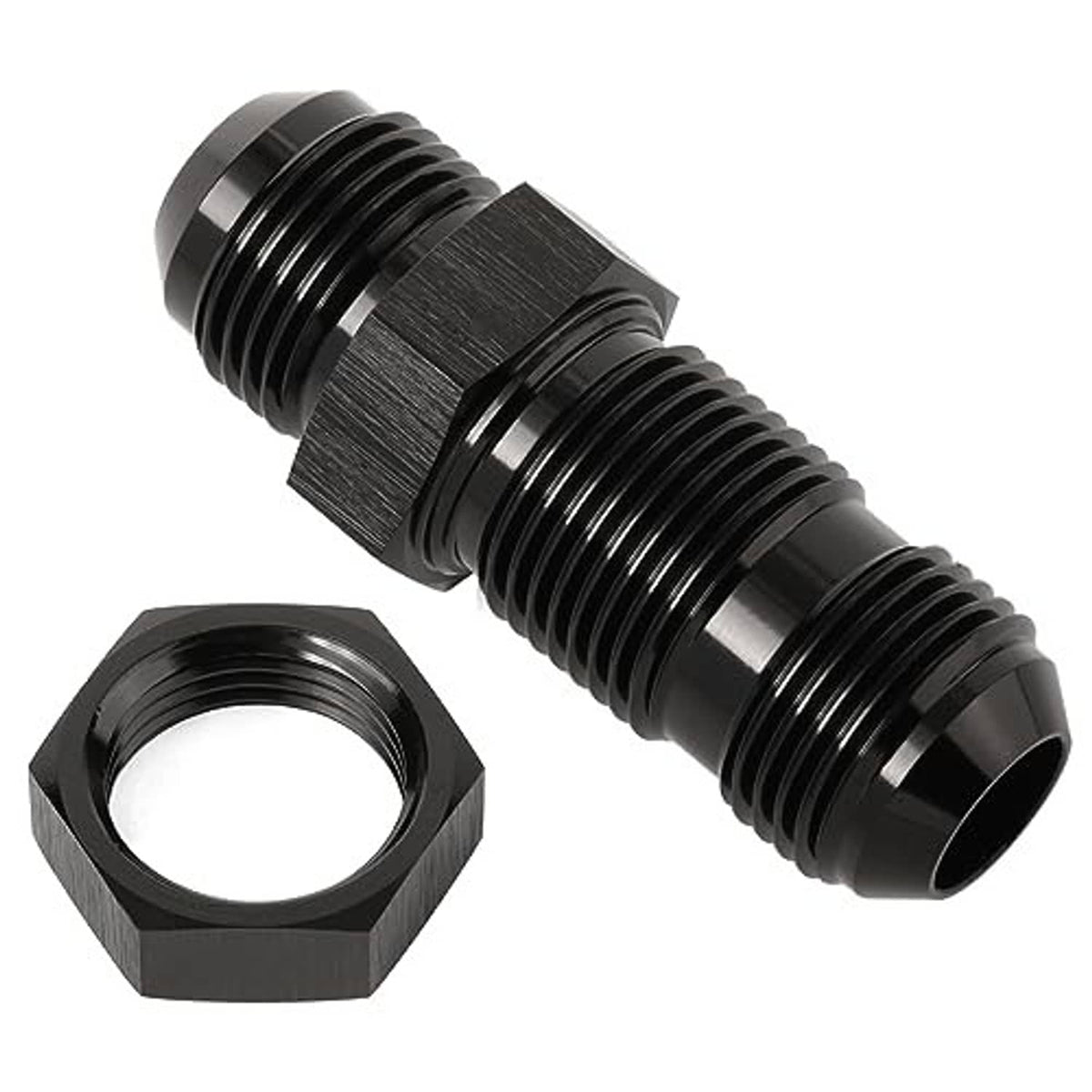 10AN straight fitting adapter with hex nut, black anodized aluminum, angled view