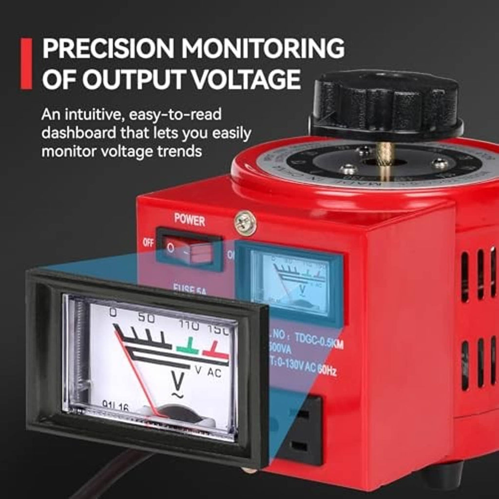 Red voltage transformer with voltmeter window and black top control dial for monitoring