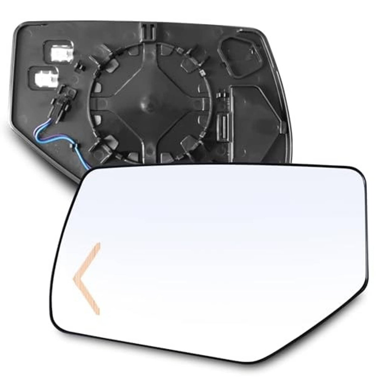 Driver side mirror glass replacement with black mounting backplate and wiring ports
