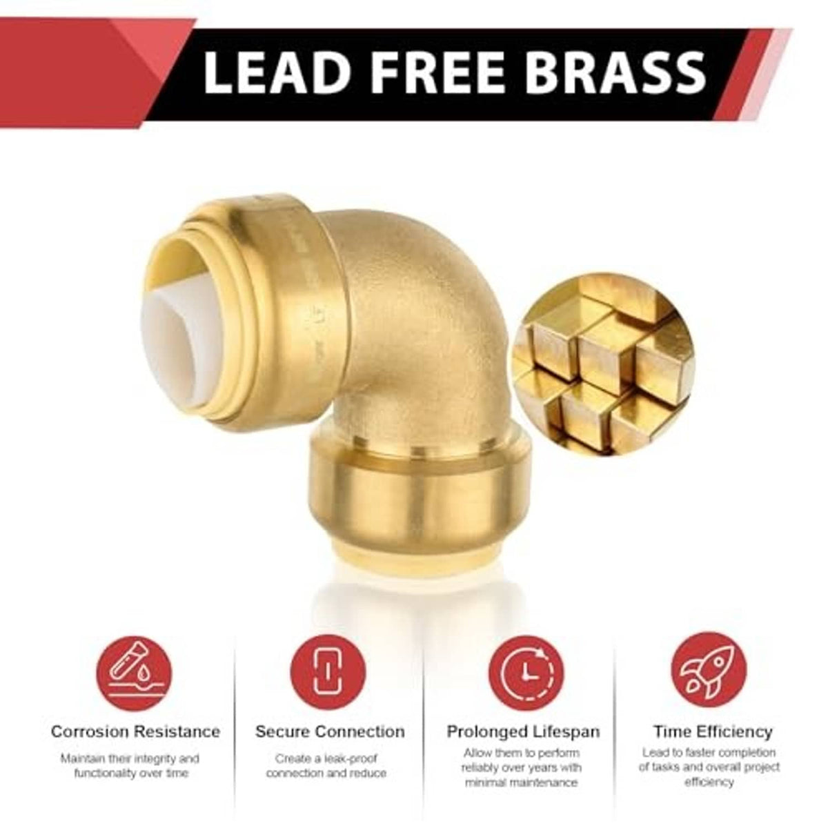 Lead-free brass push-to-connect 90-degree elbow fitting with two push ports