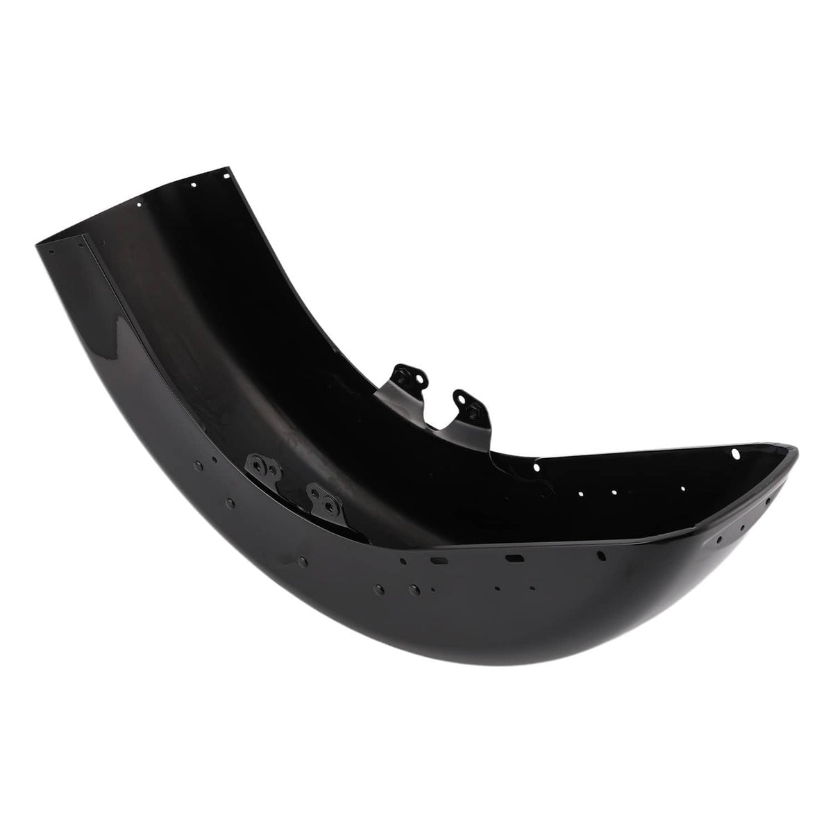 Black curved front fender with punched holes and underside mounting tabs