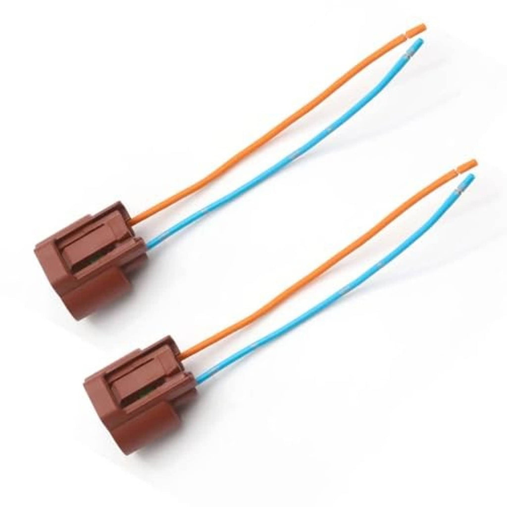 Pair of headlight wire pigtail plug sockets with brown connectors and blue/orange wires