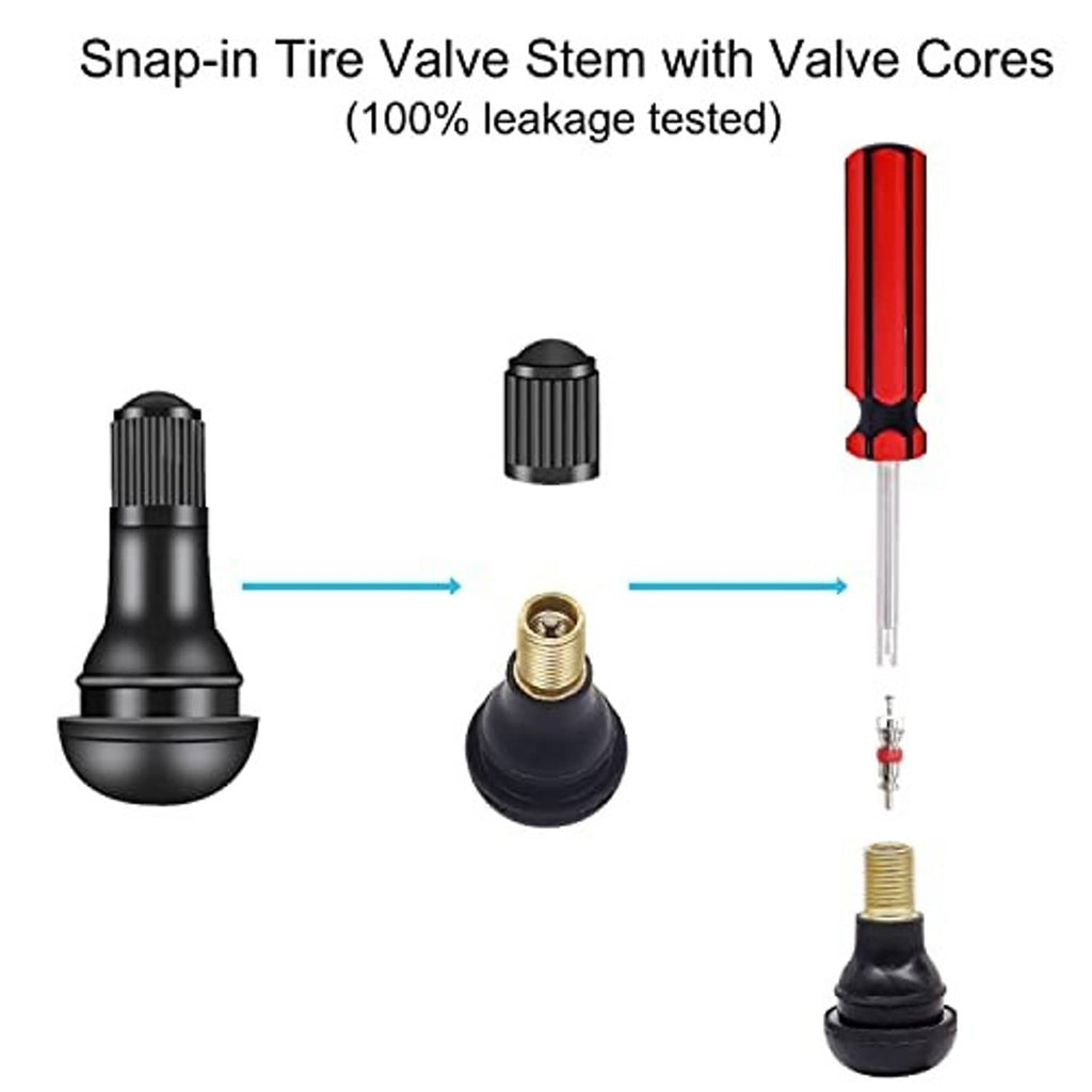 Snap-in tire valve stem with valve cores and red-handled installation/removal tool