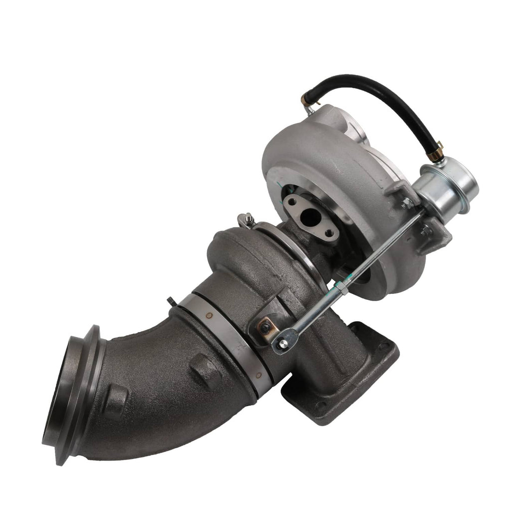 Turbocharger assembly with curved exhaust elbow and metal compressor inlet