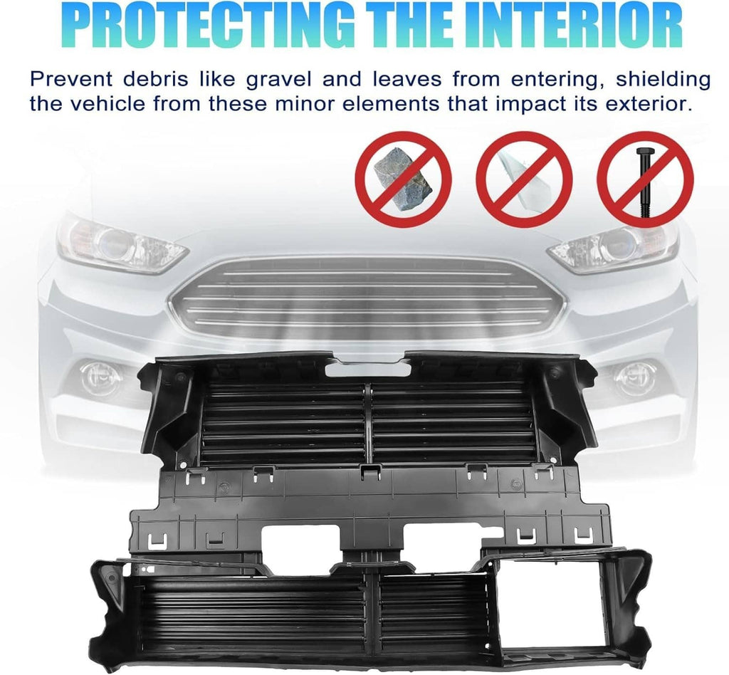 Front radiator shutter grille cover assembly with horizontal slats, black